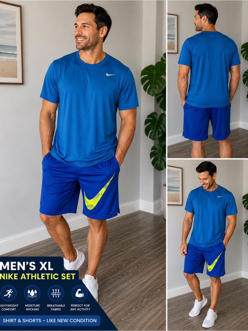 Nike Men's Xl Royal Blue Athletic Shorts with Neon Yellow Swoosh with shirt